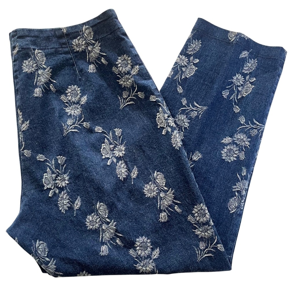 Vtg Fibers Barbara Lesser Womens Ankle Pants 10/12 Blue White Floral Side Zip